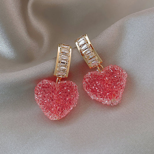 Korean Pink Heart Crystal Drop Earrings